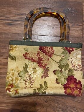 Handmade Vintage Tapestry Floral Purse Acrylic Tortoiseshell Handles Boho Bag